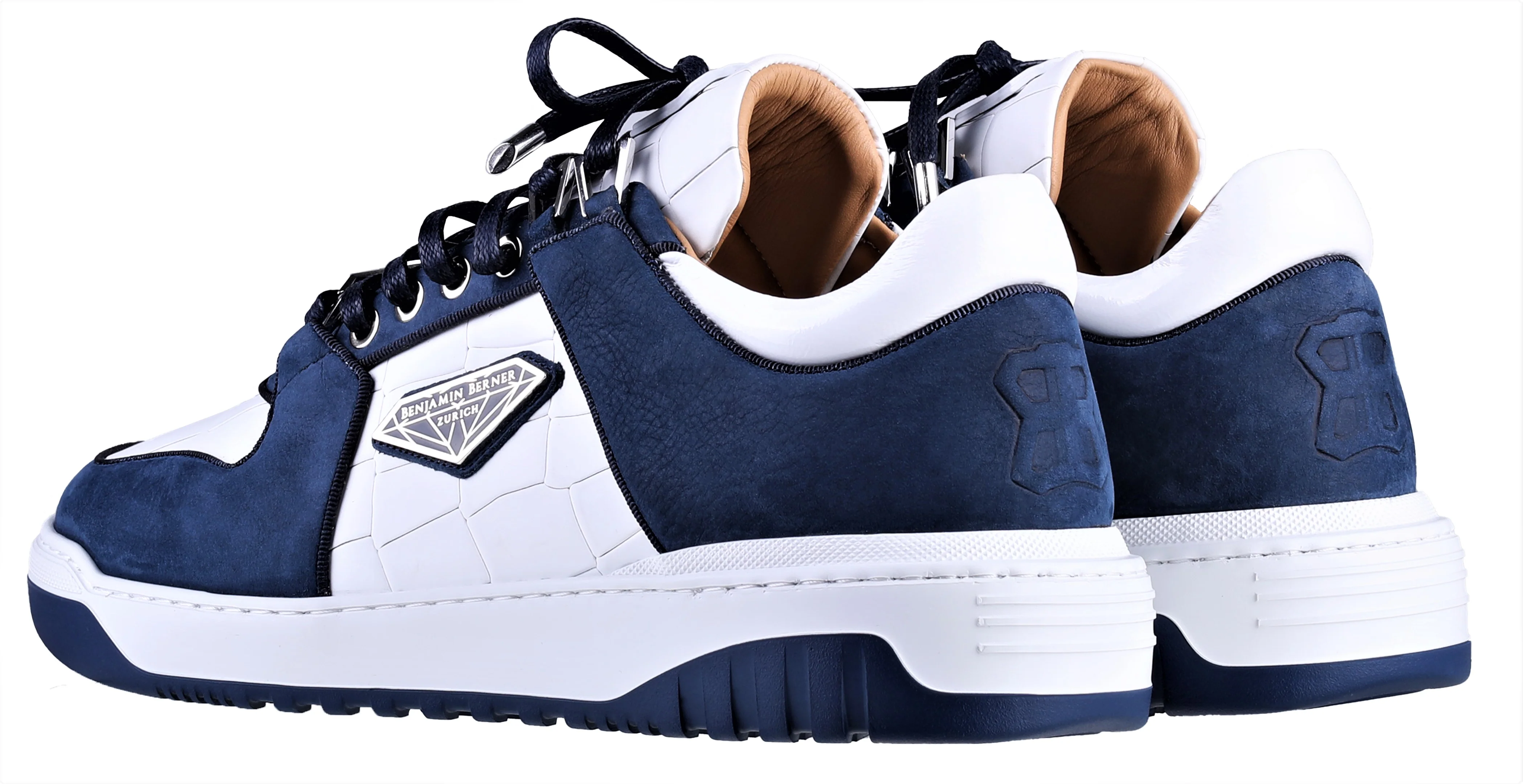 BNJ SIGMA Low-Top WHITE MATT CROCODILE-MIDNIGHT BLUE WAXED NUBUCK - Image 3